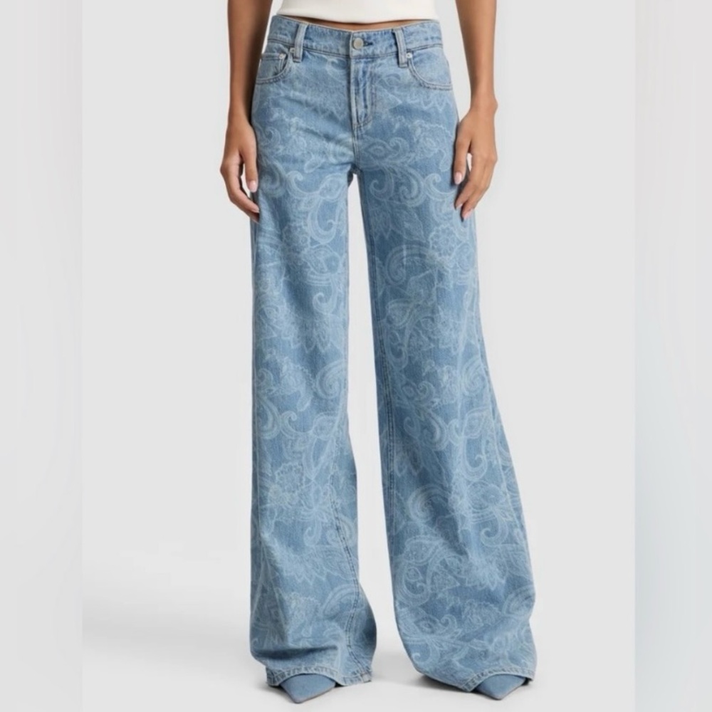 Alice + Olivia Amazing Baggy Jeans in Blue Laser Paisley Flare Wide Leg NWT S 30